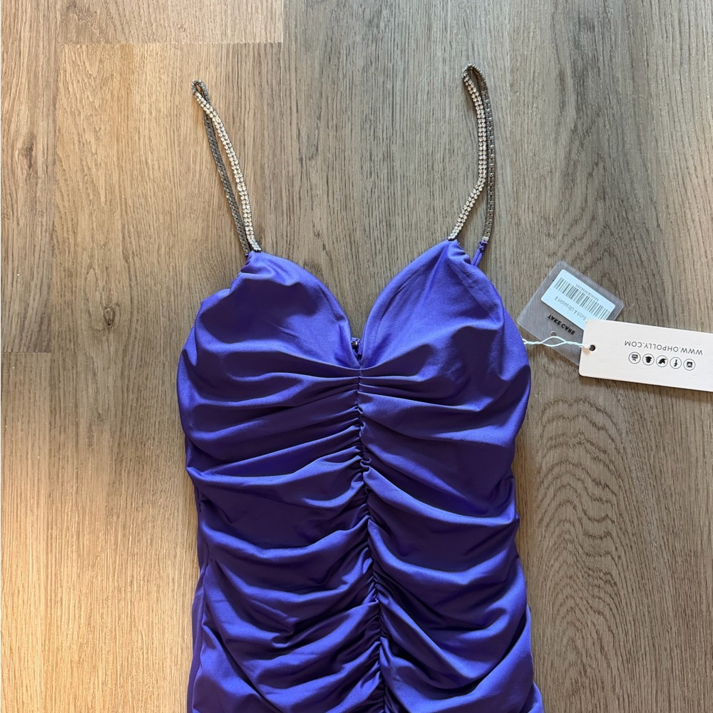 Ruched Spaghetti Strap Purple Bodycon Dress - Picture 5 of 5